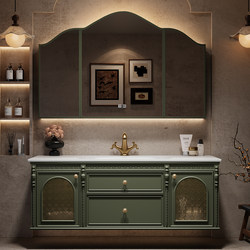 Oak Lacquered French Vintage Bathroom Cabinet Set with Integrated Slate Washbasin and Vanity Unit