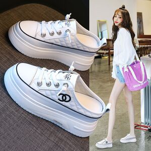 
White shoes for women with thick soles 2025 spring new popular genuine leather women's shoes with increased height inside and outside to wear half slippers summer