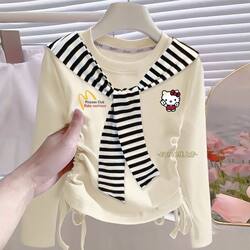 Girls' Long-Sleeved T-Shirt with Shawl, Autumn 2025 New Style, Children's Navy Collar Top, Striped Base Shirt for Older Kids