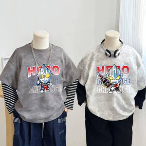 
Children's long-sleeved cotton T-shirt 2025 spring and autumn Ultraman children's clothing boys' fake two-piece popular shirts for children and middle-aged children tie-dyed t-shirt