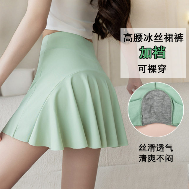 
Summer 3-point ice silk short skirt for women with high waist can wear naked yoga sports skirt large size hot girls thin pleated skirt pants