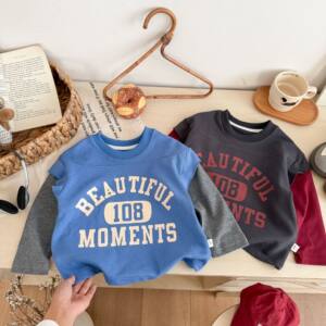 
Baby cotton sweatshirt spring new terry sweatshirt boys pullover fake two-piece children's long-sleeved T-shirt base