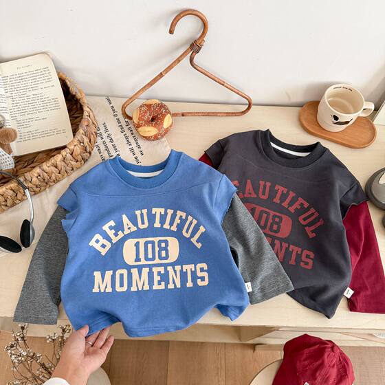 
Baby cotton sweatshirt spring new terry sweatshirt boys pullover fake two-piece children's long-sleeved T-shirt base