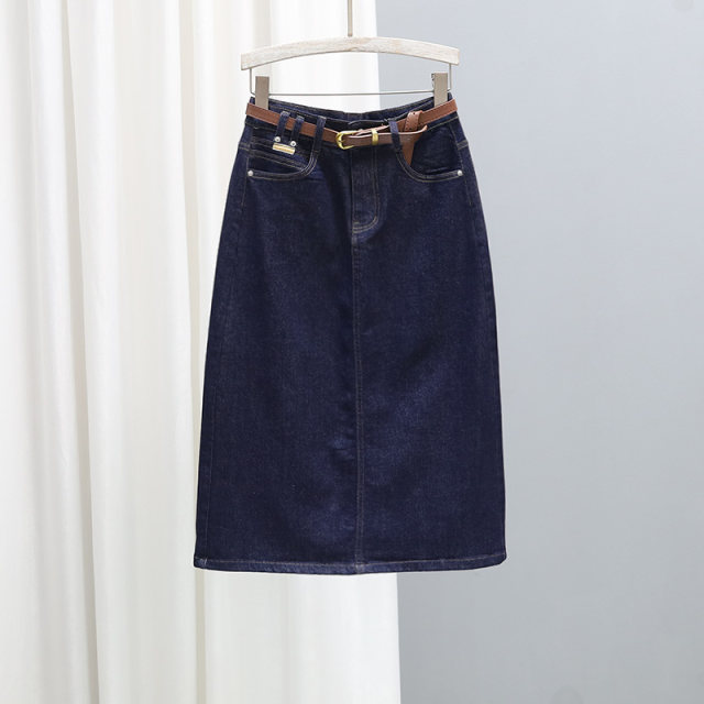 Summer mid-length high-waist denim skirt 2025 loose slim dark blue skirt versatile rear slit hip-pack skirt