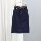 Summer mid-length high-waist denim skirt 2025 loose slim dark blue skirt versatile rear slit hip-pack skirt
