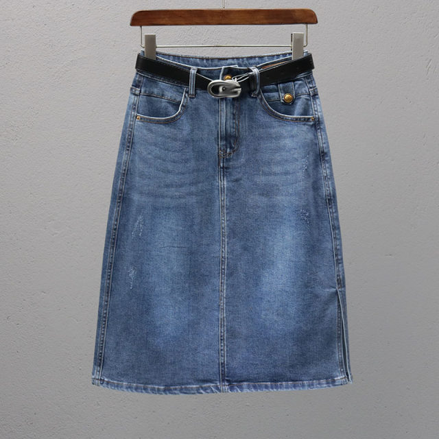 Spring and summer denim skirt for women 2025 new high-waist elastic slimming mid-length side slit A-line skirt versatile skirt
