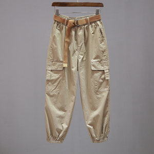 
2026 spring and summer elastic waist casual pants for women, multi-pocket leggings overalls, loose, slim and versatile 9-point harem pants