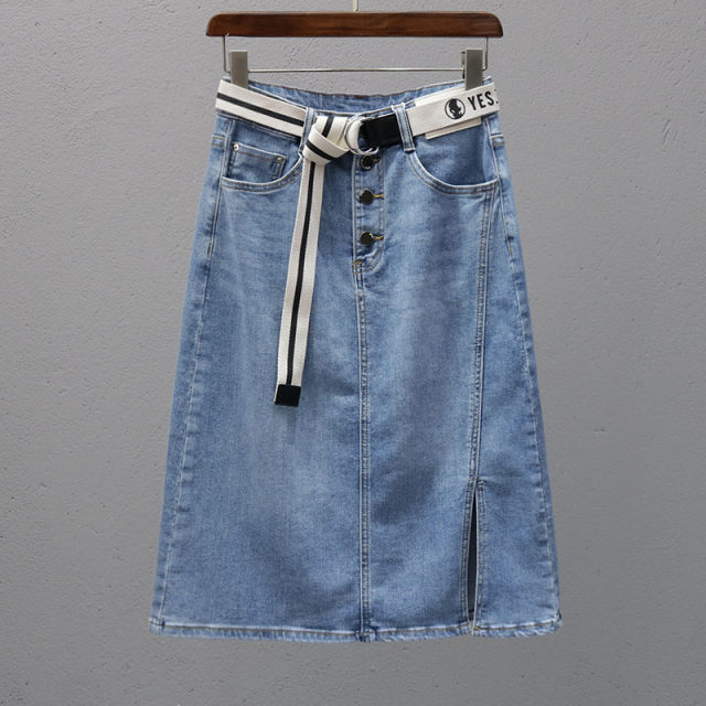 2025 spring and summer mid-length denim skirt for women European products, single-breasted front slit skirt, trendy slim skirt