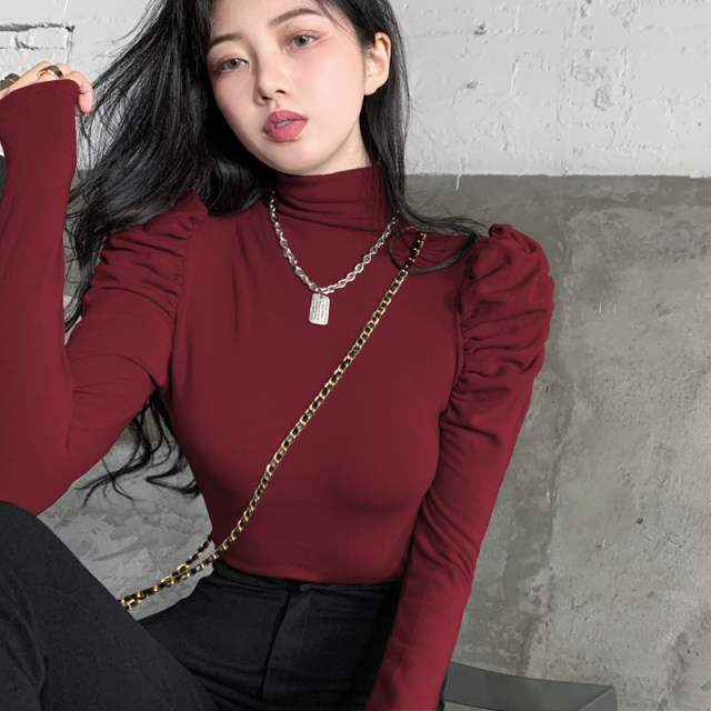 Autumn semi -high collar bottom -up bottom shirt female long -sleeved ...