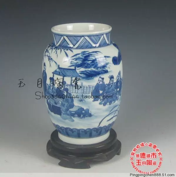 景德镇瓷器花瓶手工手绘仿古款竹林七贤青花陶瓷坛收藏品摆件