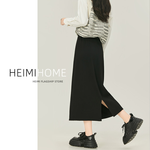 Black skirt for women in spring, summer and autumn mid-length slit suit A-line long skirt for small wool hip skirt winter trend