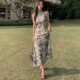 Korea's new style and artistic style of Dongdaemun ~ feminine watercolor printed bouquet waist halter neck sleeveless dress for women