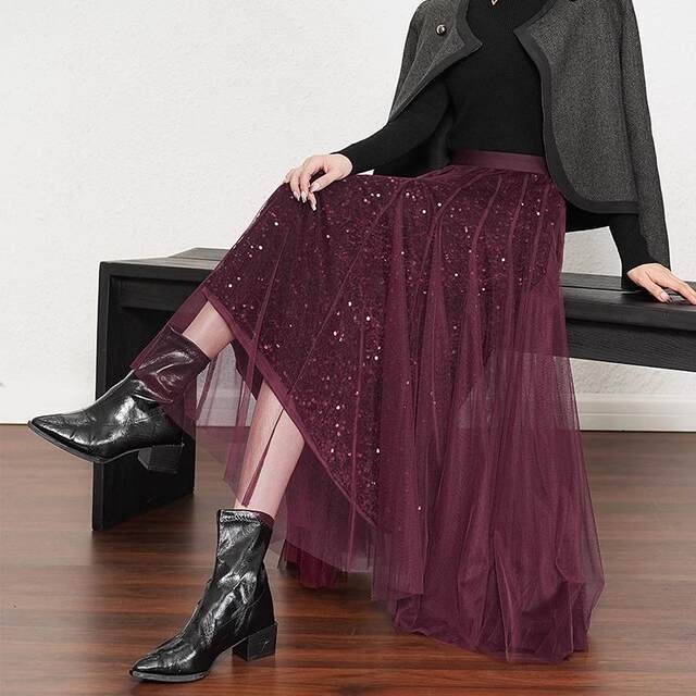Mesh skirt velvet skirt spring and summer women's new high waist hip-covering drooping large hem skirt sequin skirt long skirt