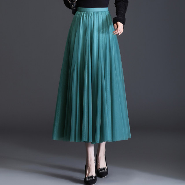 High-waisted gauze skirt with pleated women's spring 2025 new long skirt waist-hugging slimming skirt mid-length A-line large sway
