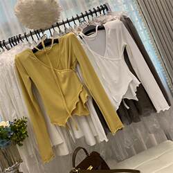 Special Offer: Purely Sensual, Sexy, Figure-Flattering, Long-Sleeved T-Shirt for Women, with a Halter Neck, V-Neck, and Solid Color Design