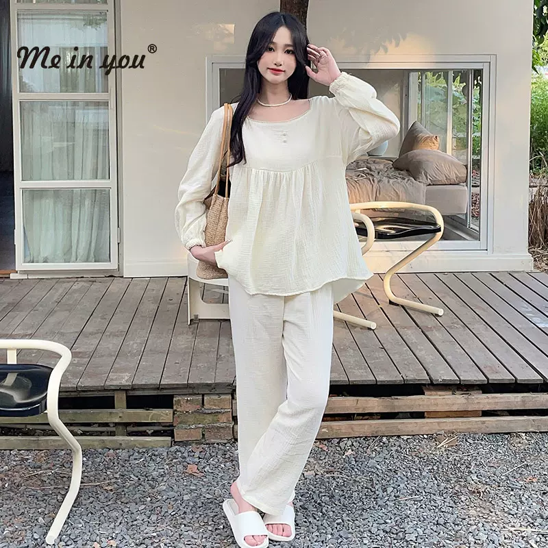 商场同款me in you 方领温柔居家服女纯色宽松春季睡衣套装K23001-Taobao