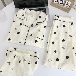 
2026 summer pure cotton pajamas women's thin short-sleeved trousers three-piece set loose large size cute style loving home clothes