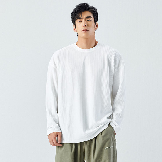 
Muscle Dog Waffle Long Sleeve T-shirt Men's Spring and Autumn Base Shirt Loose Solid Color Sports and Fitness Clothes Training Top