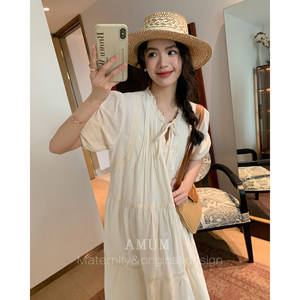 
AMUM maternity dress old time ~ puff sleeve lace-up pleated doll skirt Japanese hollow lace dress