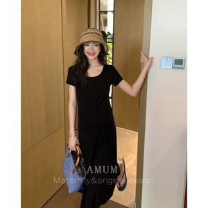 
AMUM maternity dress paper man looks slim and elegant black short-sleeved loose casual soft cool summer dress