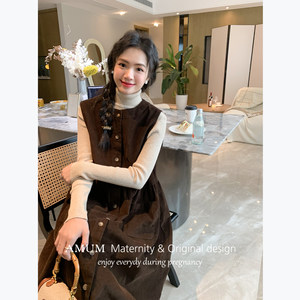 
AMUM maternity dress sea salt cocoa ~ autumn and winter retro corduroy sleeveless layered vest dress dress