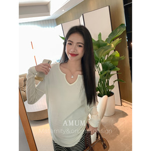 
AMUM maternity suit four colors soft tee~split thread elastic warmth slim T-shirt V-neck base top