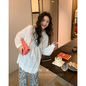 
AMUM maternity dress beautiful illustration ~ Palace style hollow embroidered lace lace stand collar cotton shirt top