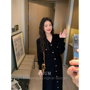
AMUM maternity wear retro two-color temperament spring knitted V-neck small fragrant French waist dress