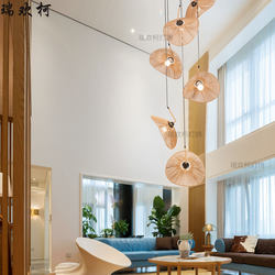Wabi-Sabi Style Japanese Duplex Living Room Chandelier, Mezzanine Loft Chandelier, Staircase Light with Zen-Inspired Rattan and Hemp Rope