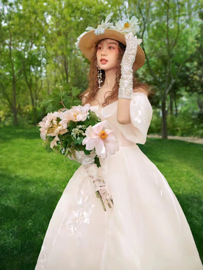 Organza Outdoor Wedding Dress - French Style, Deep V-Neck