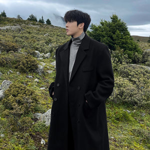 Black woolen coat men's middle long autumn and winter thickened loose, knee -knee suits and windbreaker Korean woolen coat