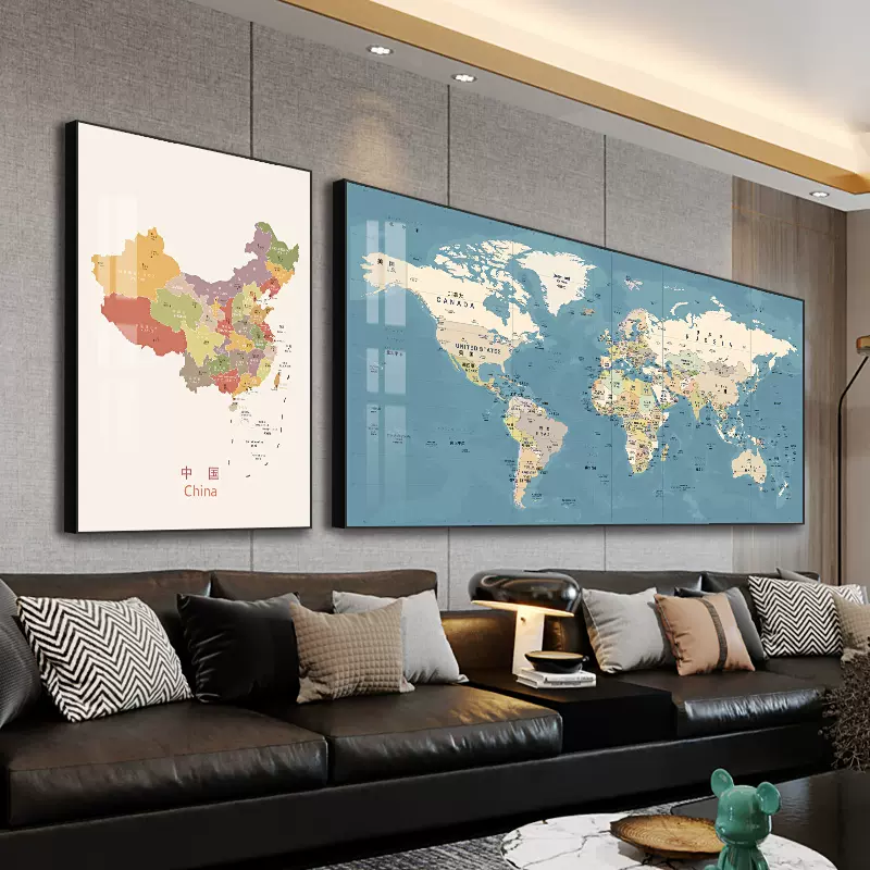 世界地图墙面装饰画中英文大幅客厅沙发背景墙壁画书房办公室挂画-Taobao