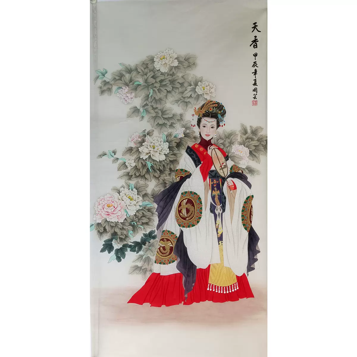 国画成品工笔画人物仕女牡丹四尺条幅纯手绘真迹画芯未