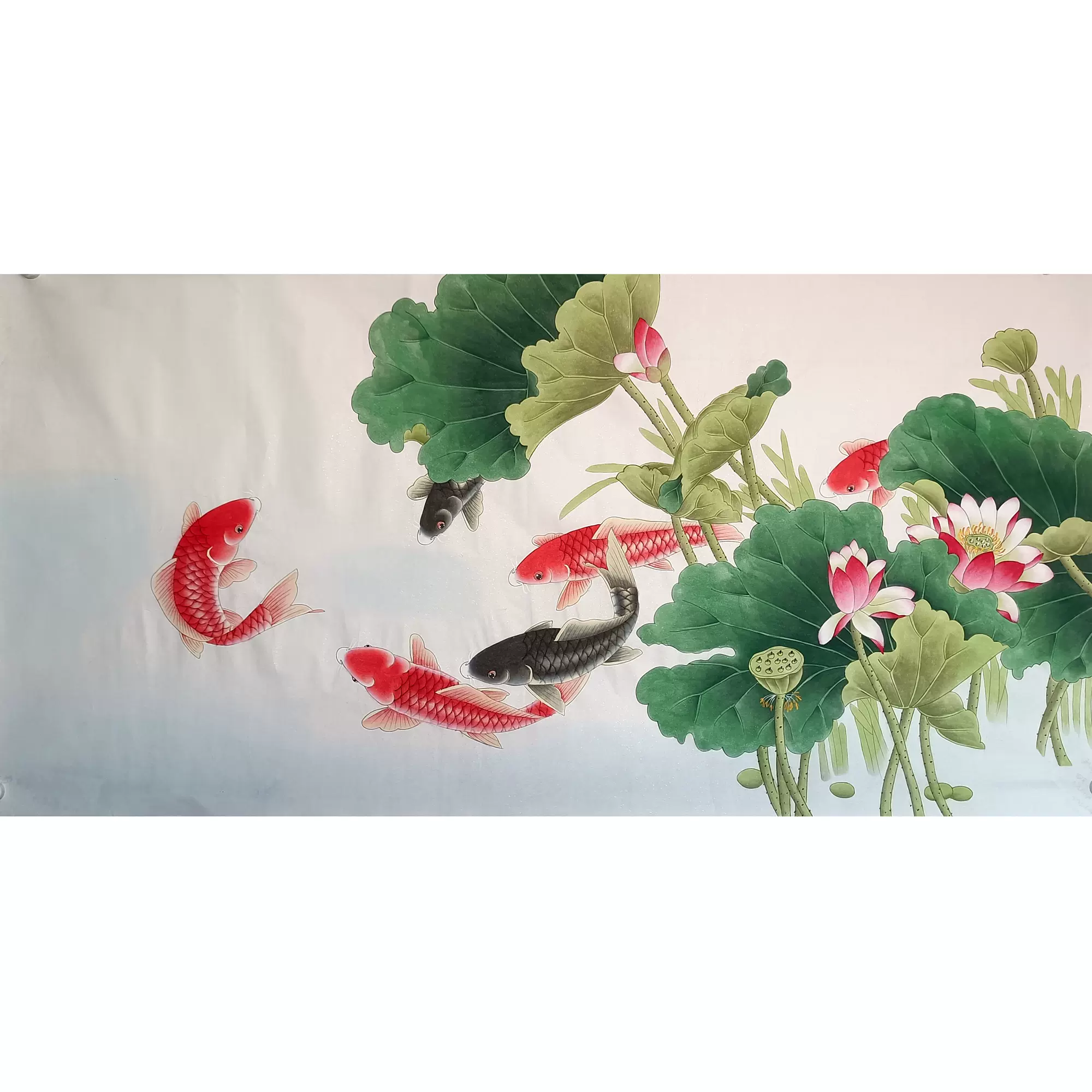 国画花鸟画纯手绘工笔画荷花鱼水墨画四尺横幅无款成品画芯未装裱-Taobao