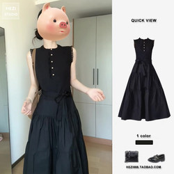 French Hepburn Style Little Black Dress, High-End Waist-Cinching Long Dress, Lace Trim, Sleeveless Tank Dress for Women, Summer