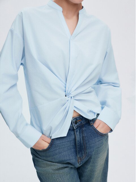 Women's first cotton French knot shirt 25 summer V-neck blue long-sleeved shirt short waist slack design