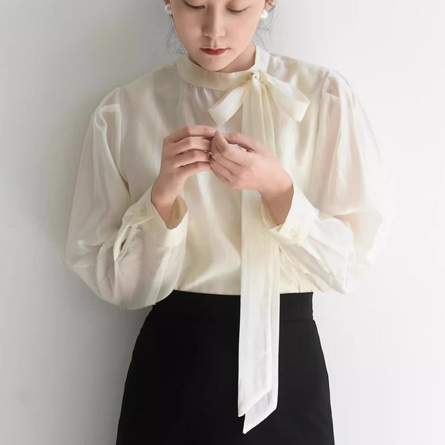 XINER high-end French top bow tied shirt half turtleneck streamer commuter shirt women spring and autumn