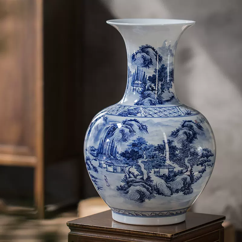 景德镇陶瓷器青花瓷花瓶摆件客厅玄关角几插花高档赏瓶大号