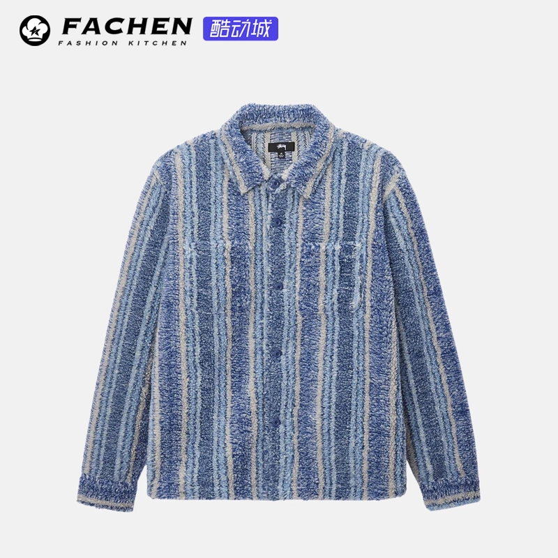 STÜSSY Fall'23 STRIPED SHERPA SHIRT 条纹摇粒绒保暖衬衣外套-Taobao