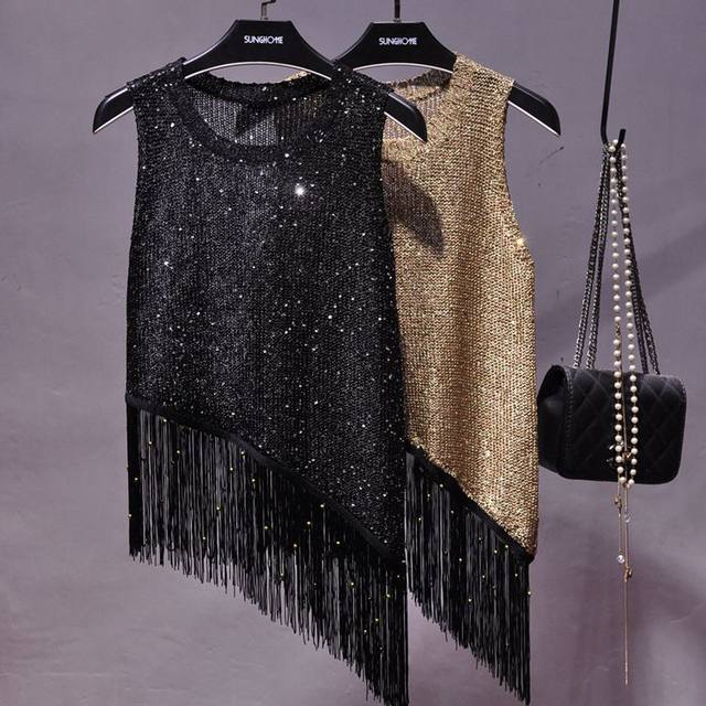 Korean version 2019 new summer sequin tassel vest gold thread small suspender wear sleeveless knitted sequin top for women