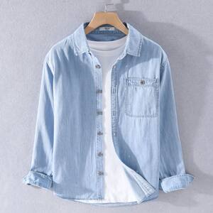 Spring and autumn, young fresh water washing pure cotton denim shirt men's long -sleeved trendy men's casual workers jacket
