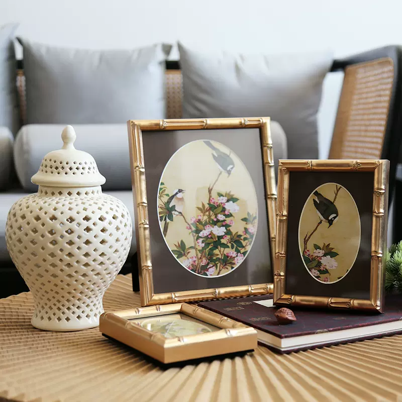 竹子 畫框 新中式輕奢實木金色竹節竹子相框復古畫框中古擺件宮廷風