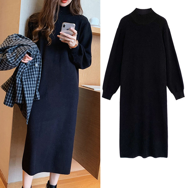 Large size loose belly-covering slim sweater skirt for obese mm with half-high collar and bottoming knitted long style with coat dress