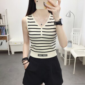 Large -size women's ice silk camisole stripe vest female summer short small man foreign style knitted sleeveless cricket shoulder thin shirt
