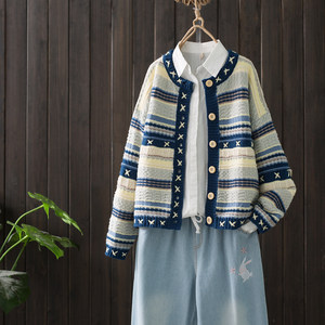 
Japanese literary small fresh loose round neck striped color block large size sweater women knitted cardigan short jacket trendy student