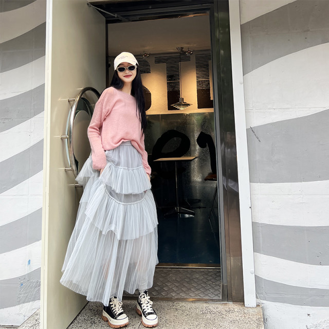 Si four tulle skirt for women with half-body mid-length high waist versatile pleated cake skirt fluffy skirt slim gray tulle skirt

