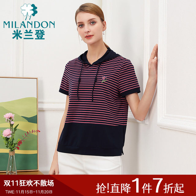 Milanden middle-aged and elderly mother's clothing spring and summer new hooded short-sleeved T-shirt women's striped casual fashion embroidered thin