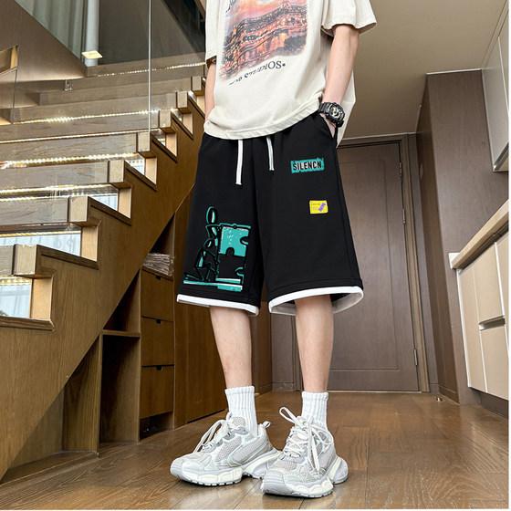 American high street sports shorts men wear loose cotton mid-pants for summer teenagers men's casual five-point pants
