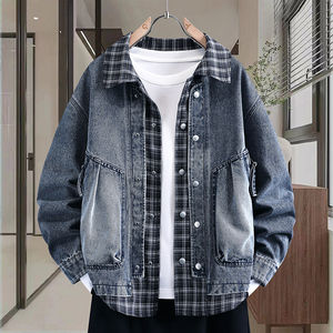
Plaid splicing fake two-piece denim jacket for men's spring and autumn high-end blazer for young men's jacket