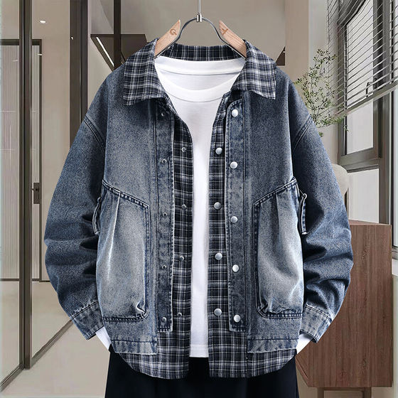 
Plaid splicing fake two-piece denim jacket for men's spring and autumn high-end blazer for young men's jacket